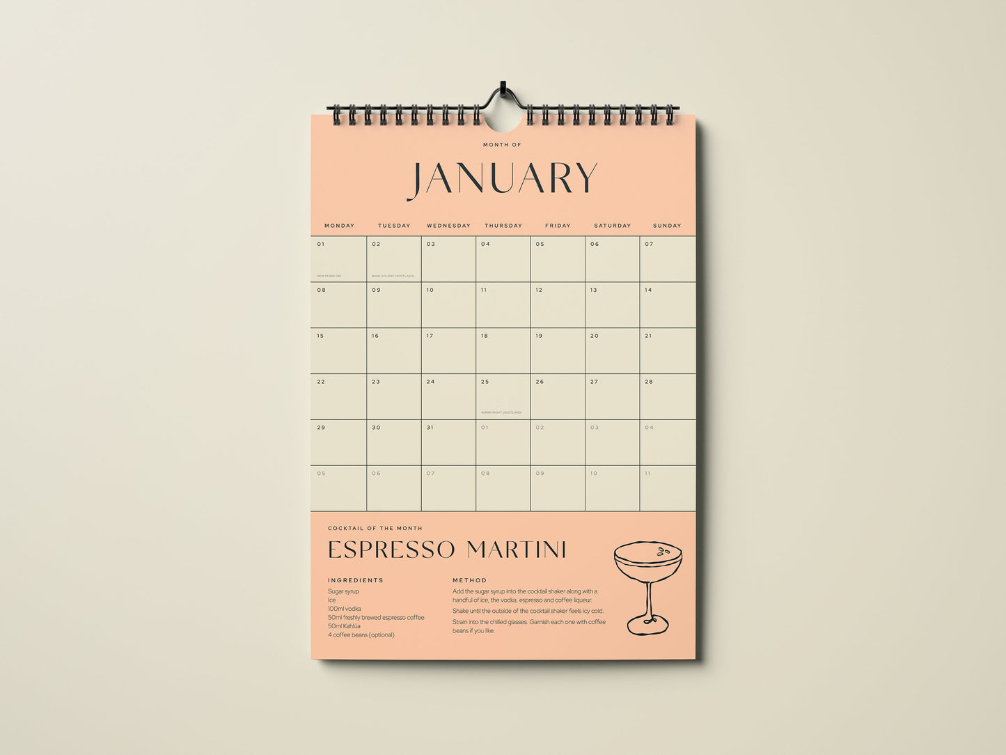 Cocktail Calendar 2024 A3 | Illustrated 12 Month Calendar | Wall Art | Wall Decor | Wall Calendar | Diary